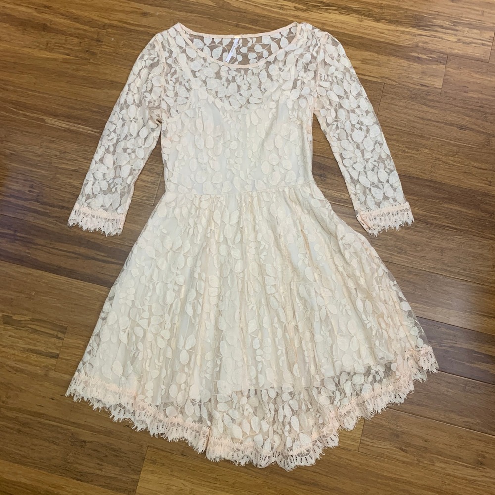 Free People Lace Dress Womens Size 2 Long Sleeve Beige Hi Low Hem Summer Boho